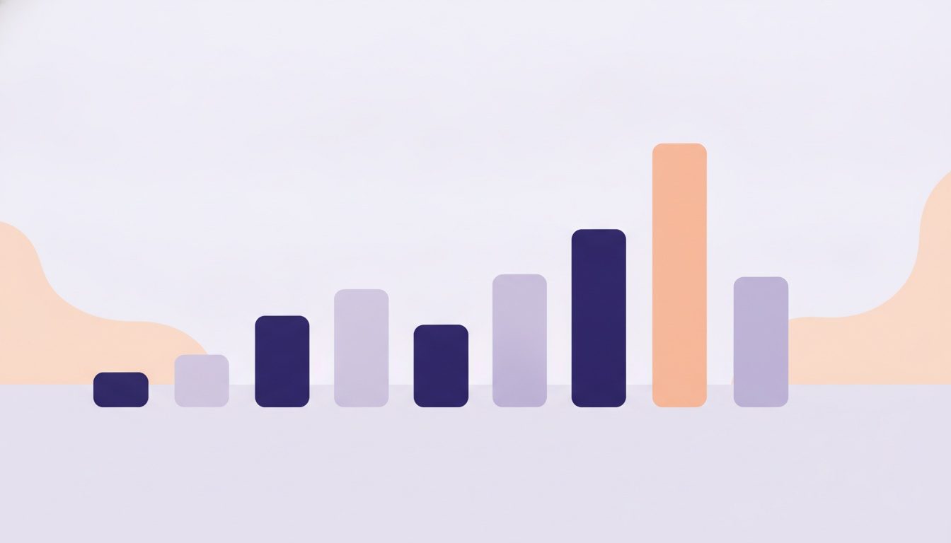 Flat illustration of seven bars of different heights in a row, one taller and set slightly apart from the rest