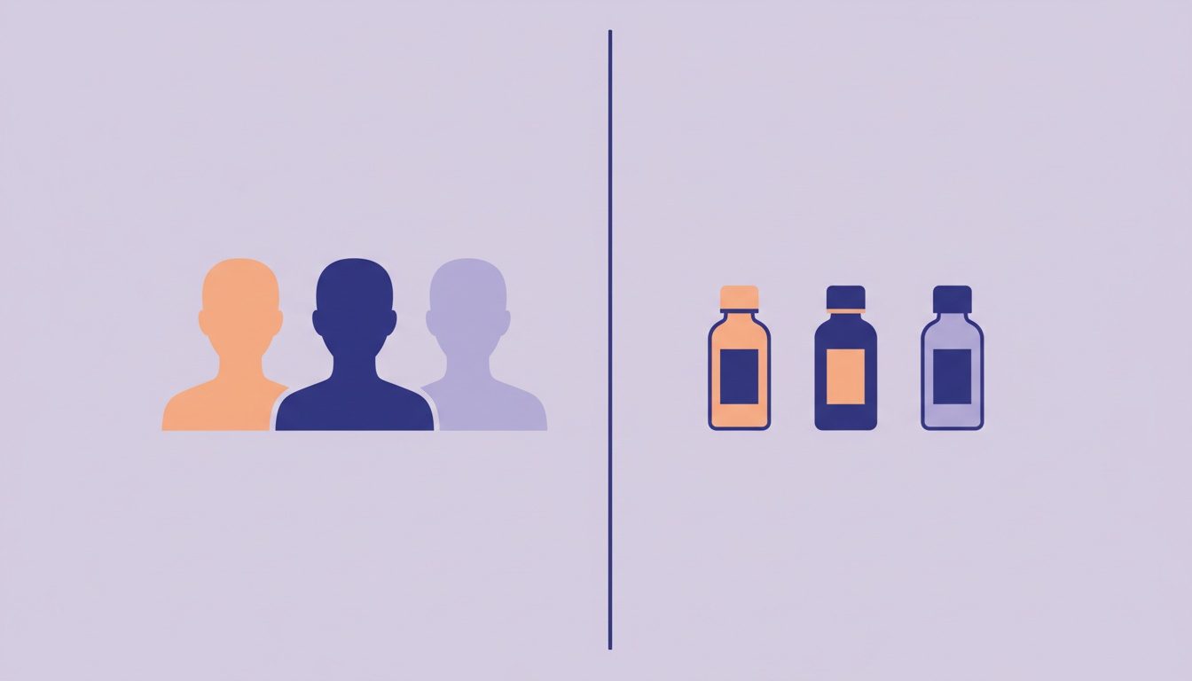 A divider with three abstract figures on one side and three product bottles on the other
